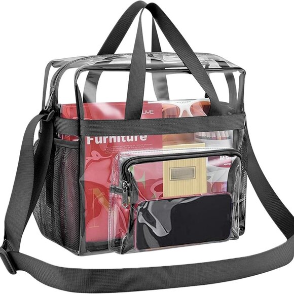 Clear PVC Stadium Approved Tote Bag 12x6x12 with Adjustable Strap & Multiple Poc - Picture 1 of 7
